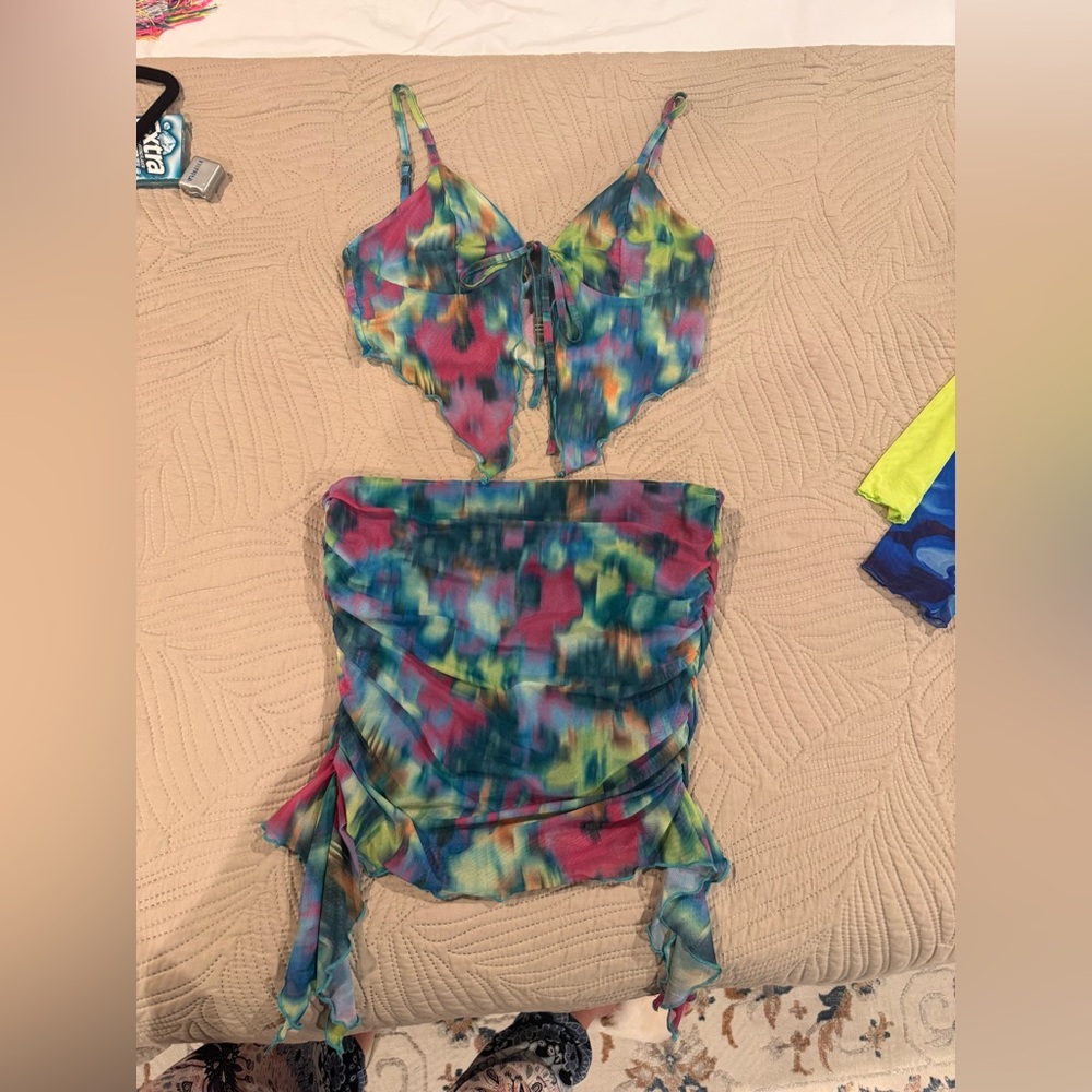 Colorful Tie-Front Crop Top and Matching Skirt Set